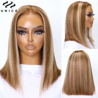 Honey Blonde Highlight Straight Short Lace Wigs