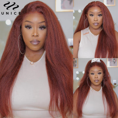 Reddish Brown Kinky Straight Wig Pre Plucked Frontal Wig