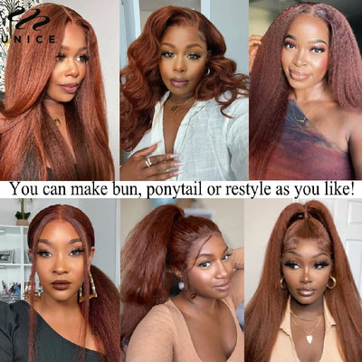 Reddish Brown Kinky Straight Wig Pre Plucked Frontal Wig