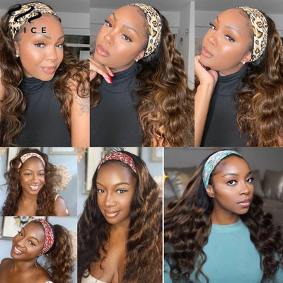 Balayage Body Wave Highlight Headband Wigs with Pre-attached Scarf