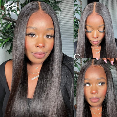 Yaki Straight Pre Bleached Knots Pre Plucked Pre Cut Lace Closure Wig