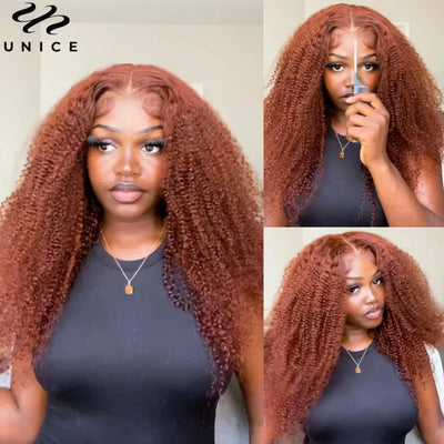 Bye Bye Knots Pre Cut Lace Closure Reddish Brown Kinky Curly Wigs