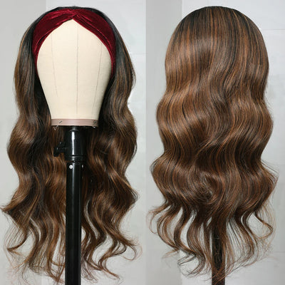 Balayage Body Wave Highlight Headband Wigs with Pre-attached Scarf