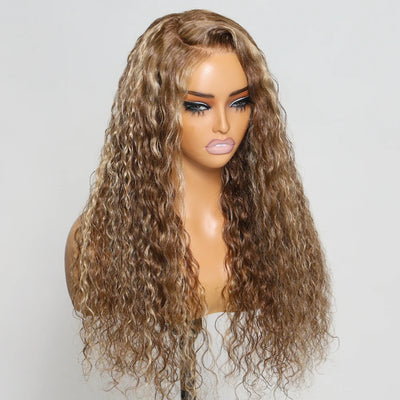 Honey Blonde Highlight Pre Cut Water Wave Lace Wig